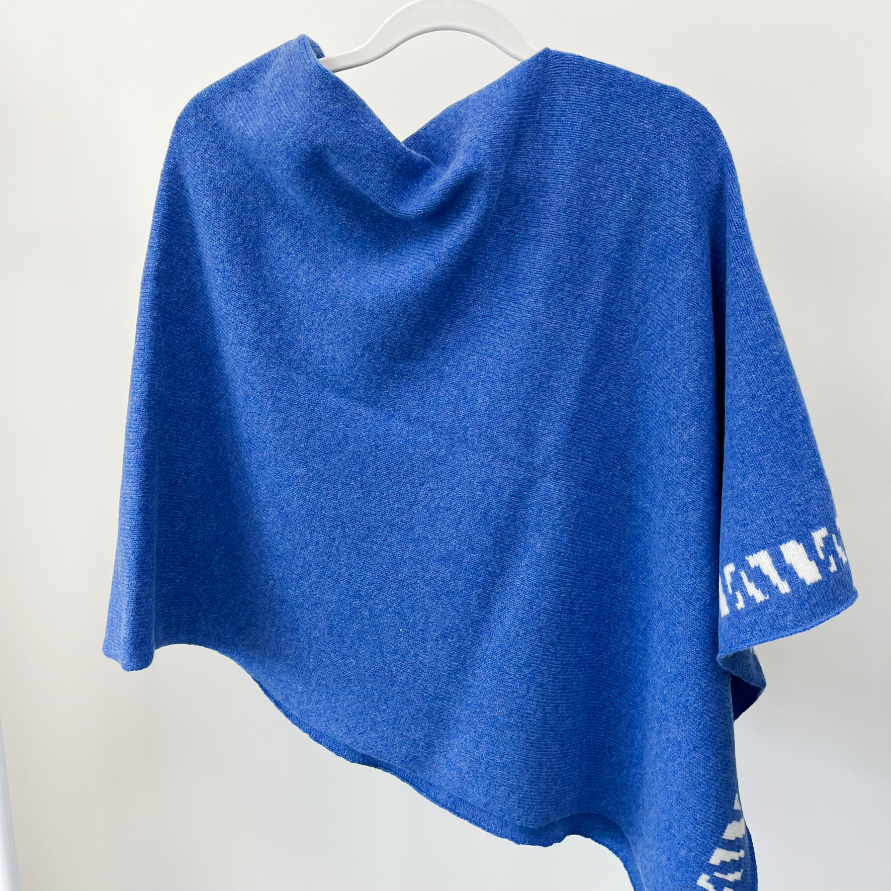 Lambswool knitted poncho - river blue and white (MADE TO ORDER)