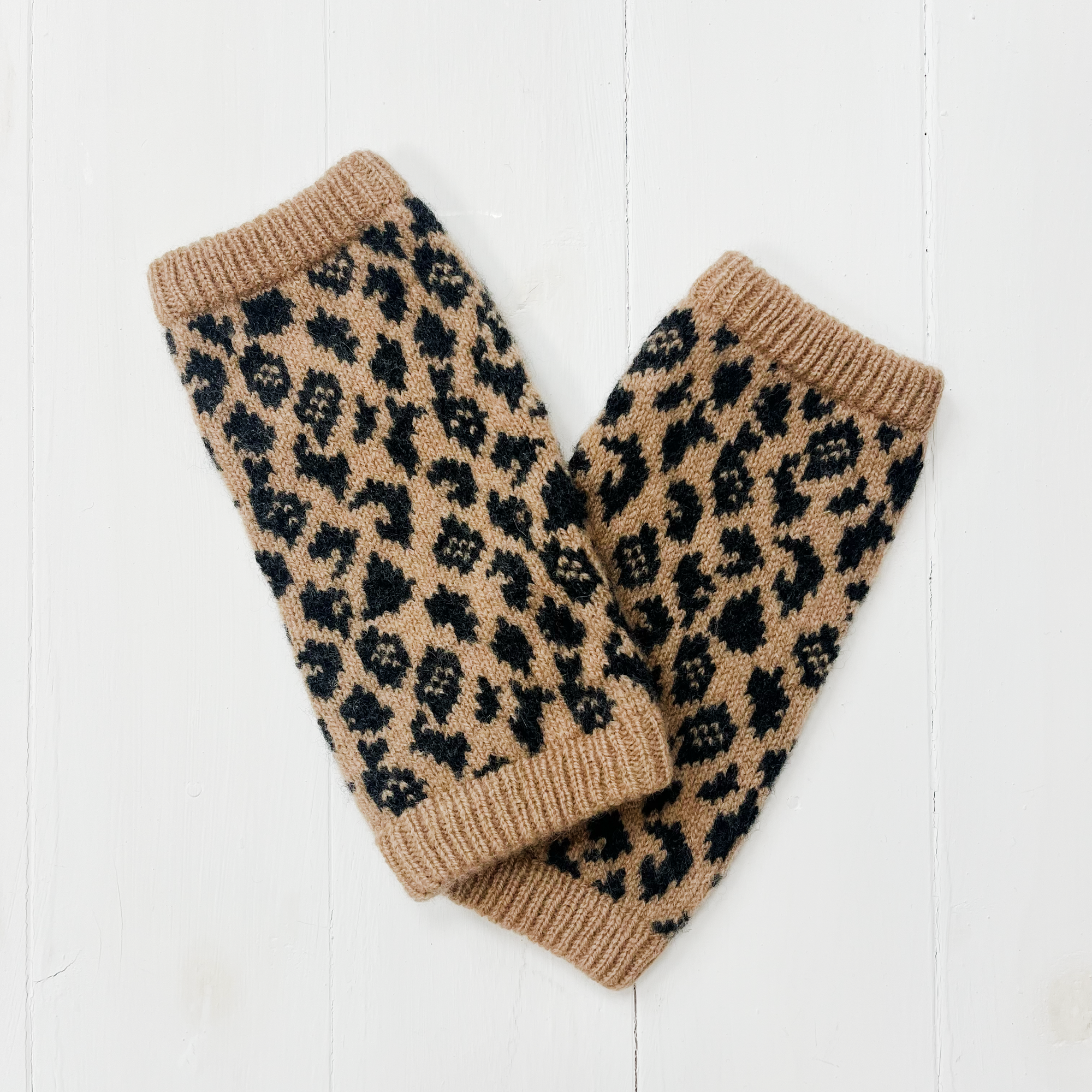 Leopard wrist warmers - camel and charcoal