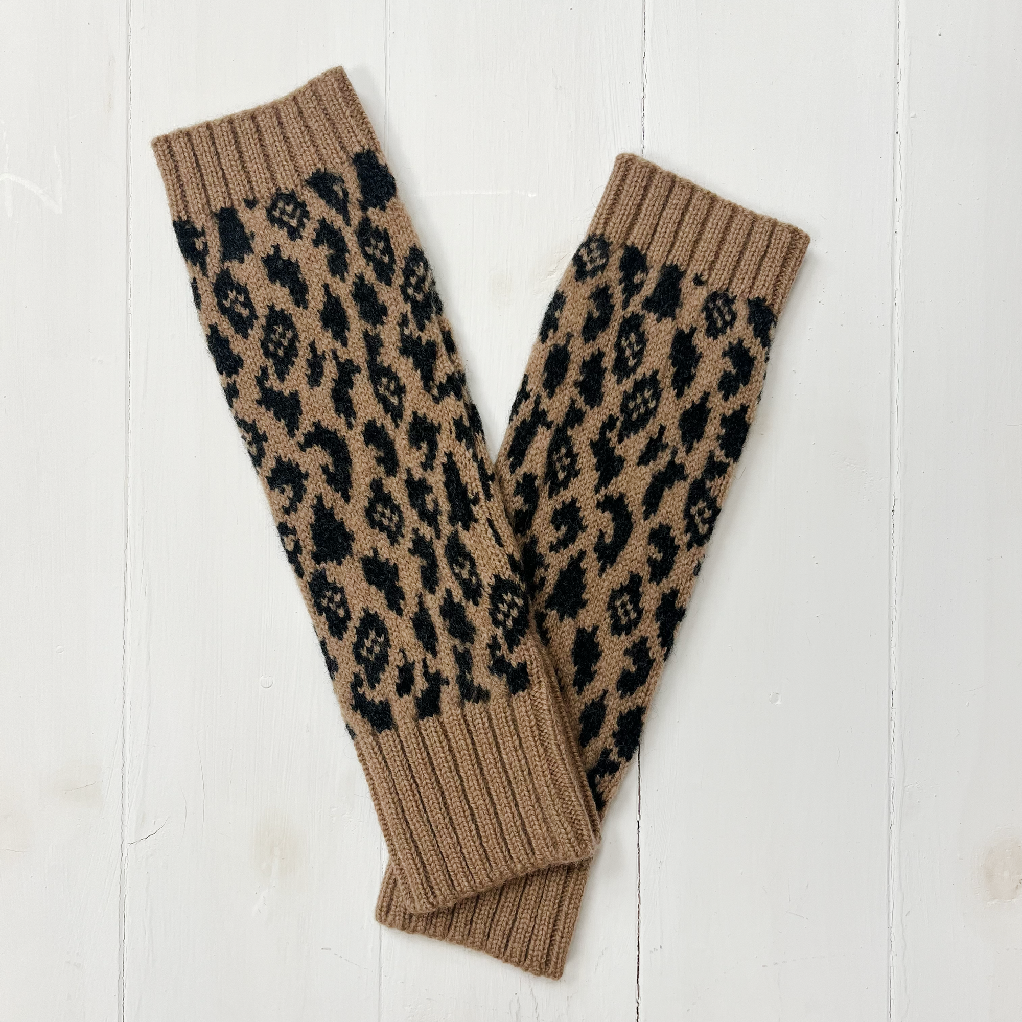 Leopard wrist warmers - camel and charcoal